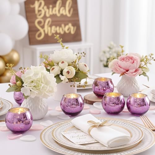 24 Pcs Purple Votive Candle Holders for Wedding Decor, Purple Mercury Glass Candle Holders for Table Centerpieces, Tea Light Holder for Wedding Bridal Shower Party Supplies - color: Purple