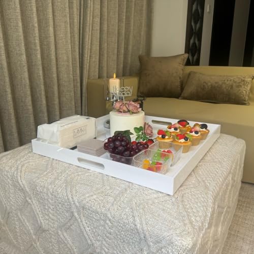 White Modern Acrylic Ottoman Tray with Cutout Handles 22x22 Inch Over-Sized Serving Tray Rubber Boot Tray Organizer Decorative Tray for Living Room, Bedroom,Bathroom and Kitchen Tabletop - color: White, size: 22" x 22" x 2"