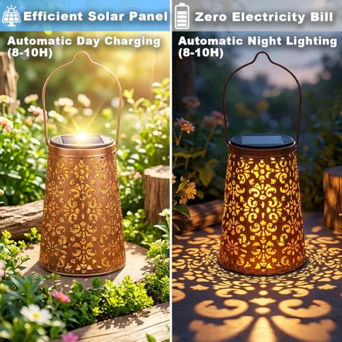 LeiDrail 2 Pack Hummingbird & Flower Solar Lanterns Outdoor, Hanging Waterproof Vintage Metal Lantern, Auto On/Off Garden Patio Yard Porch Pathway Decor, Gifts for Women Mom Grandma - color: Flower