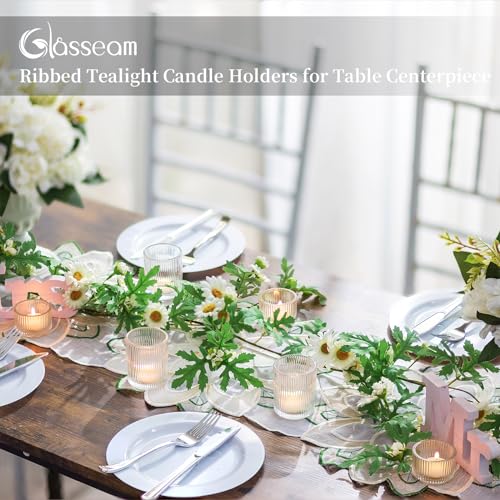 Glasseam Glass Tealight Candle Holder: Set of 8 Ribbed Clear Votive Candle Holders for Table Centerpiece, Decorative Small Vintage Tea Lights Candle Holder for Wedding Christmas Dining Room Decoration - color: Clear