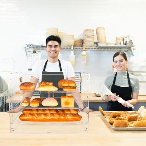 3-Tier Acrylic Pastry Display Case for Commercial Countertop, 360° View Bakery Cabinet with Gold Handle & Removable Trays, Clear Bread Storage Box for Donuts, Cookies & Cakes, 21" x 16" x 14"