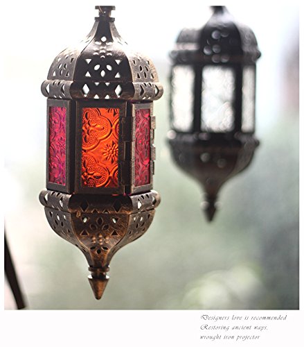 2PCS Moroccan Decorative Candle Lantern Metal Hanging Tealight Candlestick Holder Glass Indoor Outdoor LED Flameless Candle Holder 13.8 inches Chain (Vintage Bronze Gold) - color: Vintage Bronze Gold