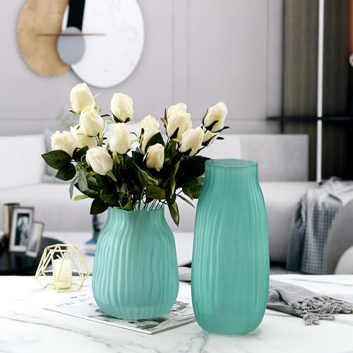 Modern Ribbed Glass Vase 8in Frosted Green Elegant Decorative Vases for Home Flowers Bouquet Arrangements, Centerpieces, Dinner Table,Office Decor - color: Frosted Green, size: H-8.0IN