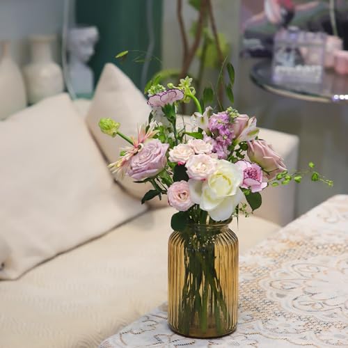 OFFIDIX Glass Vase,7.3 * 4.3in Vertical Line Geometric Faceted Design Flower Vase - color: Yellow