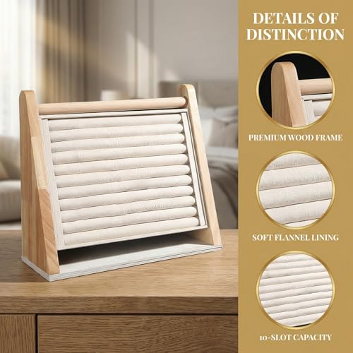 DYNWAVE Wooden Rings Display Stand Tray, 10 Slots Flannel Large Capacity Vertical Storage Holder for Earrings Rings Show Retail Selling, Beige