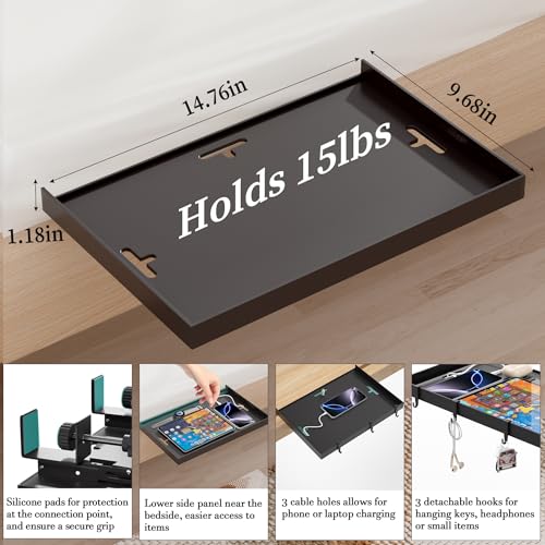 Foldable Bedside Shelf, Metal Clip-On Bed Tray Table for Bunk Bed & Dorm Beds, Dorm Room Essentials Organizer for College Students, Floating Tray, Space Saving Nightstand for Loft Beds (Black, Large) - color: Black, size: Large