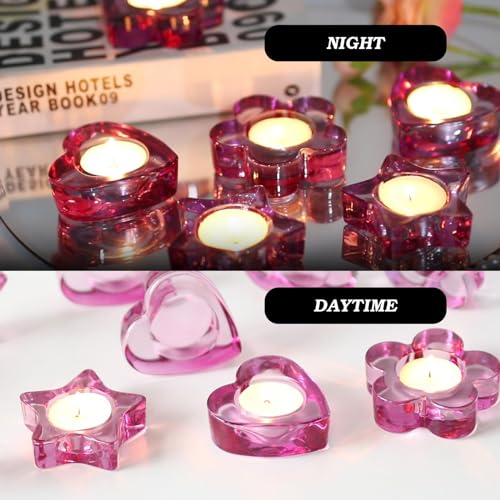 Pink Votive Candle Holders Set of 12 for Table Centerpiece(3 Sizes,Heart/Flower/Star) Tealight Candle Holders Bulk for Birthday Party,Wedding Dinning,Home Decor, Valentines Christmas Decoration(Pink) - color: Pink