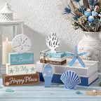 Vercraft 11 Pcs Beach Table Decorations Set Ocean Tiered Tray Decor Summer Wood Block Sign Gift the Beach Is My Happy Place Starfish Seashell Coastal Centerpiece Summer Party Supplies Shelf - style: Beach