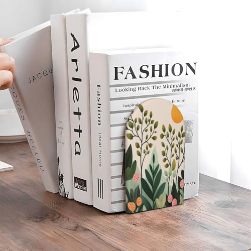 Subtle Pastel Minimal Aesthetic Illustration Bookends for Shelves 2 Pcs Wooden Book Stopper Organizer for Home Office Libraries