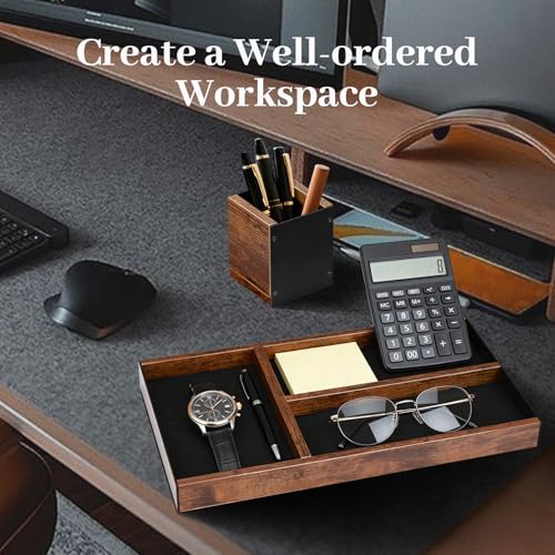 Wooden Desk Tray with Integrated Pen Holder, Luxury Office Organizer for Executive Desk, Minimalist Wood & Metal Stationery Storage Set, Premium Gift for Men & Home Office Decor
