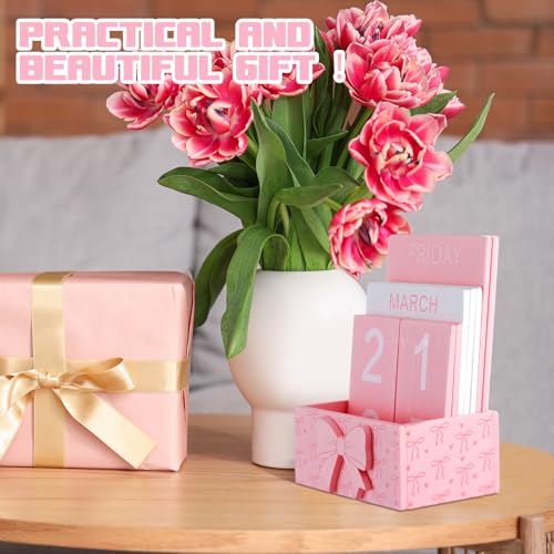 AceOrbit Pink Bow Wood Block Perpetual Calendar Coquettish Desk Decor Cute Month Week Date Display Decorative Block Calendar for Women Office Home Desk Gift for Women - style: Pink Bow