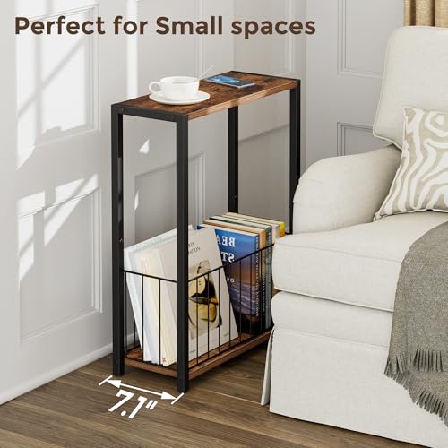 Homleke Narrow Side Table with Magazine Holder, Skinny End Table Perfect for Small Spaces, Space-Saving Design for Living Room, Bedroom, or Office, 7.1" D x 16.9" W x 23.6" H, Rustic Brown - color: Rustic Brown - Standard