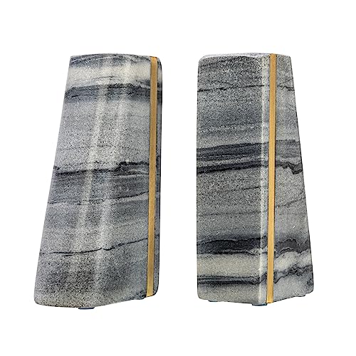 Main + Mesa Modern Marble Bookends with Brass Detail, Set of 2, Grey - color: Black