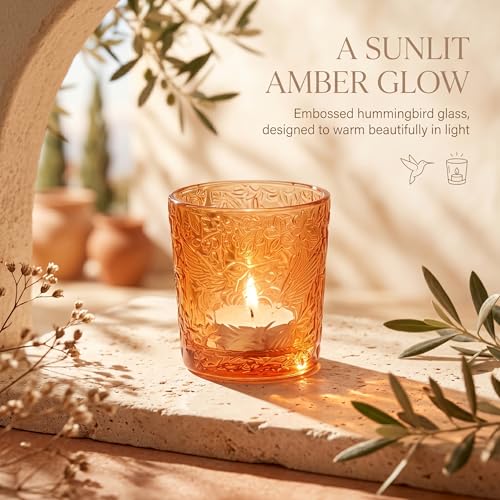 12 Pack Hummingbird Embossed Glass Candle Holders – Votive Tealight Holders with Patent Design, Decorative Embossed Glass Cups for Wedding Centerpieces, Parties, and Home Décor (Pumpkin Spice) - color: Pumpkin Spice