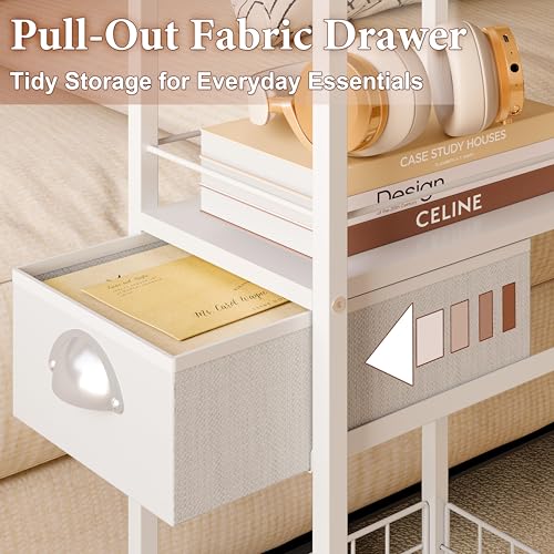 Rolling Side Table with Storage Drawer, White Bedside Table with Wheels, TV Tray for Sofa, Portable Desk on Wheels, Modern Night Stand, Overbed Table for Bedroom, C Shaped End Tables Living Room - color: White, size: Large (With Drawer & Wheels)