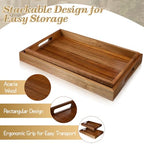 2 Pack Solid Acacia Wood Serving Trays with Handles, Rectangular Wooden Serving Platters, Decorative Servings Trays Set, Portable Ottoman Tray–Great for Lap &Couch, 16"+15"