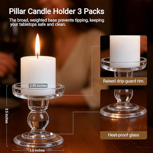 Glass Candle Holders for Pillar Candle, Unity Candle Holder Set of 3 for Wedding Ceremony Set, Candlestick Holder for Table or Home Decoration