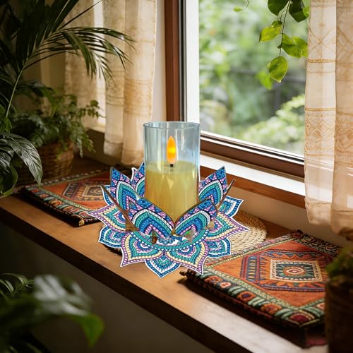 DIY Diamond Art Painting Candlestick Holders 5.71in Mandala Flower Shape Desk Candle Tray Tabletop Ornaments for Wedding Ramadan Party Home Table Centerpiece-Mandala05 - color: Mandala05