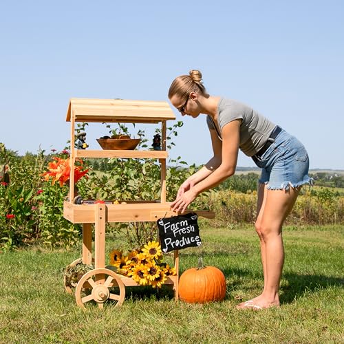 Sunnydaze Country Market Flower Cart Display Stand with Wheels - 2 Shelves - Fir Wood - 30 lb Weight Capacity - Natural Fir - color: Natural Fir