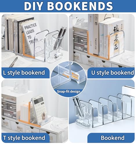 Clear Bookends, 12.8" Removable Book Ends for Heavy Books, 3 Dividers Bookends with Removable Pen Holder, Tray, and 2 Hook-up, Book Organizer for Office, School, Bookstore, Home - color: Clear