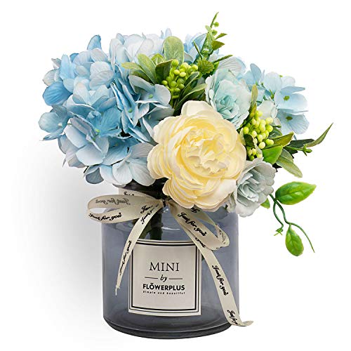 MOOMASS Artificial Flowers with Vase, Hydrangea Hand Bouquet and vase, Ins Style Artificial Flower Set, Suitable for Living Room, Dining Table, Office, Wedding, Hotel Banquet Home Decoration. (Blue) - color: Blue + Beige