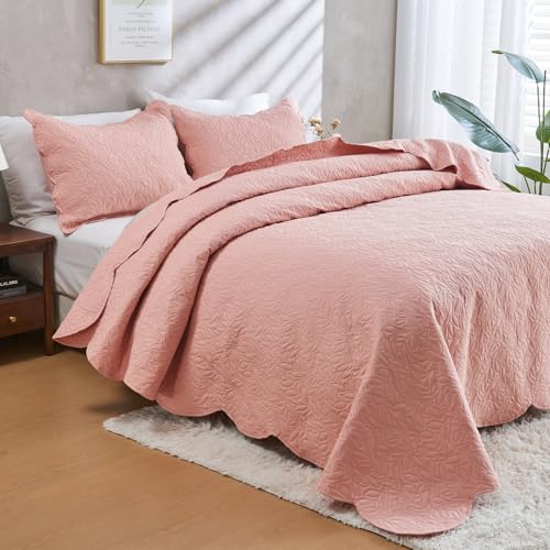 JYHOPE Baby Pink Twin Quilt Set 68x90 Lightweight Microfabric Bedspread, 3-Piece Quilt Bedding with Pillow Shams, Summer Cooling Quilts, Ribbon Wrapped Gift - color: Leaf Pattern-pink, size: Twin(68x90)