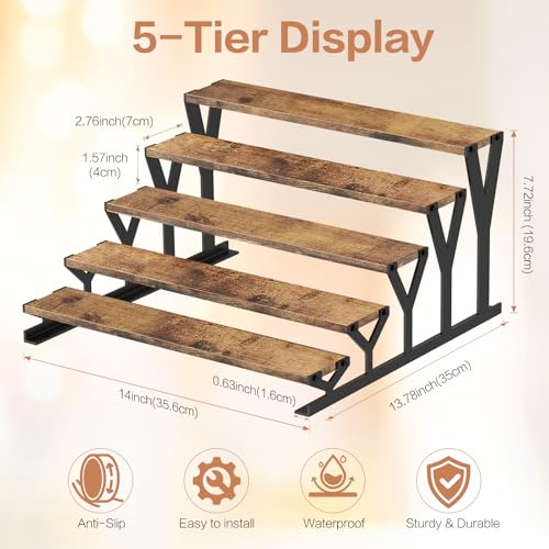 KALYLOC 5 Tier Wooden Display Riser Stand 13.8 Inch Metal Step Perfume Stand Organizer Tabletop Tiered Display Shelf Rack for Cologne Cupcake Spice Figures Cosmetics Candles (Brown, Y-Shape) - color: Brown, size: 5 tier-Y shape