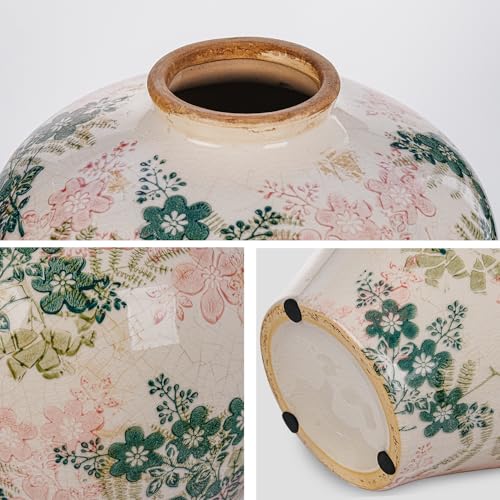 Sungmor Vintage Ceramic Flower Vase - 9.4 Inch Retro Ice Cracked Glaze Chinoiserie Vase, Rustic Farmhouse Home Décor Accent for Dried Flowers, Greenery - Table Centerpieces, Shelf, Mantel Decor - color: Green