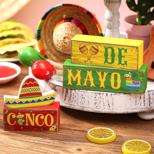 Yuntau 4 Pcs Cinco De Mayo Decorations Wooden Mexican Table Farmhouse Cinco De Mayo Tiered Tray Decor Fiesta Stacked Blocks Tabletop Decorative Book Mexican Centerpieces for Carnival Shelf Home - style: Cinco De Mayo