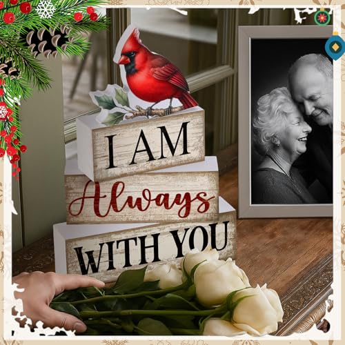 4 Pieces Cardinal Gift Decorations Wooden Red Cardinal Sign for Loss of Loved One Tiered Tray Decor I Am Always with You Sign Sympathy Remembrance Memorial Gifts for Home Kitchen Shelf Tabletop - style: Cardinal
