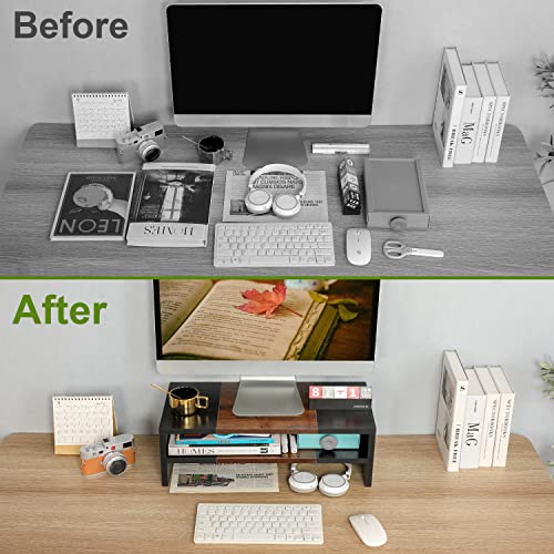 TEAMIX 2 Tiers Desktop Monitor Stand Riser 20 Inch Printer Stand with Storage Small TV Riser Laptop Wooden Desk Organizer Shelf Bookshelf (Black+Brown, 2 tiers) - color: Black+Brown