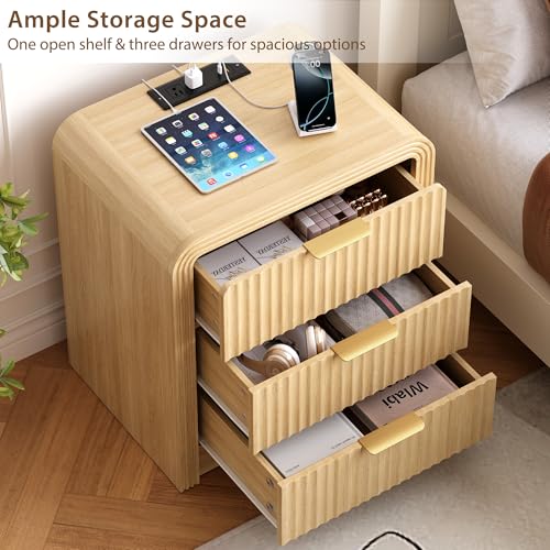 Decofy Fluted Nightstand with Charging Station, Modern Bedroom Side Table with Gold Handles, Curved Profile Design, End Table Wood Organizer for Bedroom, 19.7" & 3 Drawers (1 Pack, Natural Oak) - color: Natural Oak, size: 3 Drawer( 15.5"D x 19.6"W x 24"H)