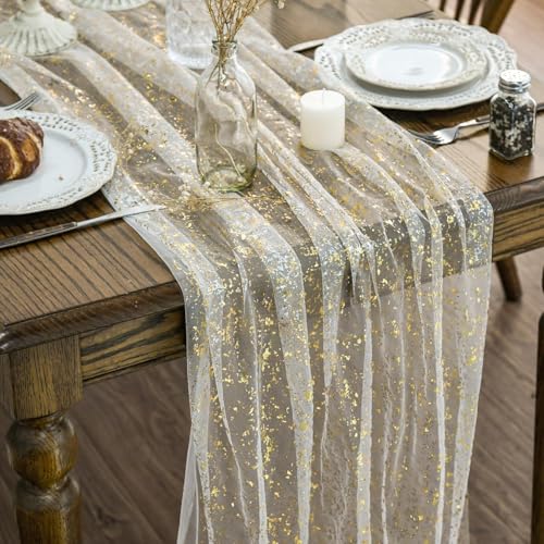 Artoid Mode Beige Gold Gauze Table Runner 120 Inch 10FT, Glitter Metallic Foil Sheer Dining Wedding Anniversary Holiday Birthday Table Decor for Home Party - color: Beige Gold, size: 28" x 120"