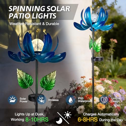AIINY Solar Garden Lights Metal Flower Decor, Colorful Lotus Pathway Spinning Windmill with LED Cracked Crystal Ball Outdoor Decorative Stake Lighting Waterproof Flower Sculpture for Patio Yard - color: Dazzling Blue