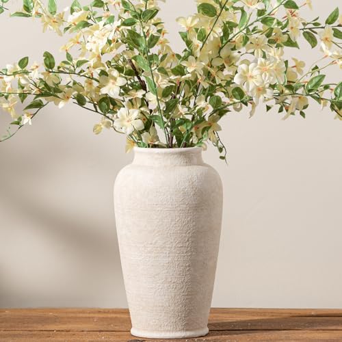 Ceramic Flower Vase, Large White Flower Vase Tall Rustic Farmhouse Decorative Vase Floral Pottery Vases for Home Decor Table Living Room Entryway Mantel Bedroom Bathroom Kitchen - 11 Inch White - color: 11"h - White