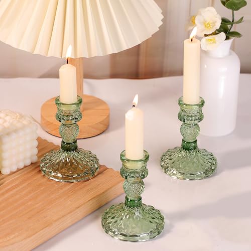 12Pcs Green Candlestick Holders Set- 4" H Taper Candle Holders Bulk, Glass Candle Holders for Wedding, Party, Romantic Dinner Table Centerpieces, Festival Gifts & Windowsill Decor - color: Green Dimond Pattern