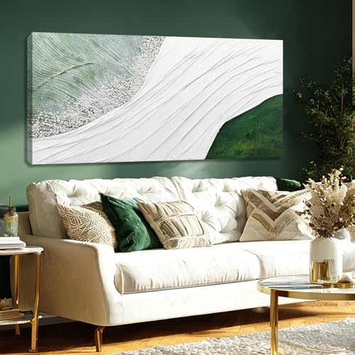 Hue7Art Modern Abstract Landscape Canvas Wall Art in White and Soft Green Tones, Flowing Line Texture Artwork Inspired by Nature for Living Room Bedroom Wall Decor 24x48 Inch - color: White and green, size: 48"L x 24"W