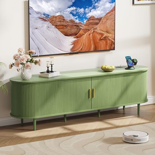 DHH 70.8 Inch Mid Century Modern TV Stand with Power Outlet for TVs up to 80 Inch, Entertainment Center with Storage and Adjustable Shelves, Media Console with Sliding Doors for Living Room(Green) - color: Green, size: 71 Inch