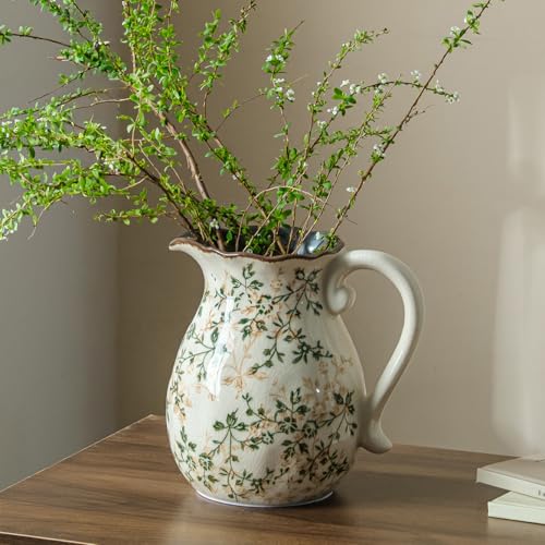 Ceramic Flower Vase | Green Rustic Farmhouse Pitcher Vase for Home Decor, Vintage Floral Tuscan Decorative Vase for Living Room & Kitchen, Mantel & Bookshelf, Centerpieces, Entryway, Wedding(8 Inch) - color: 01-green and Beige