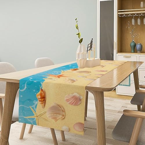 Sea Turtle Table Runner Marine Life Starfish Nautical Blue Green Ocean Theme Kitchen Table Decorations for Indoor Outdoor Home Party Decorations 13x36 Inch - color: Shell-8, size: W13x36L