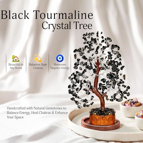 YATSKIA Black Tourmaline Gemstone Tree - Crystal Tree of Life - Crystals and Stones Home Office Decor - Good Luck Gifts for Women - color: Black Tourmaline Silver Wire