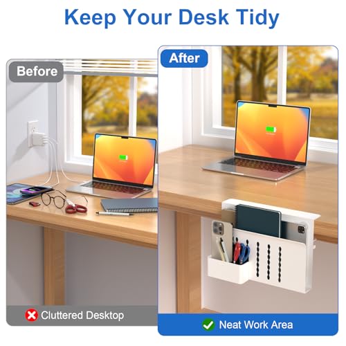 HAMOPY Desk Side Storage, Single-Layer Steel Hanging Desk Organizer with Magnetic Pen Holder, No Drilling Desk Drawer Cable Management Tray, Under Desk Laptop Holder for Office, School&Home(White) - color: White, size: Single(1 Tier)