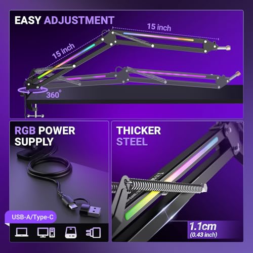 FIFINE Microphone Boom Arm, Metal Adjustable Mic Arm Stand with RGB Control, 3/8” to 5/8” Screw Adapter, Desk Mount Clamp, Suspension Scissor Mic Stand for Gaming Streaming Podcast-AmpliGame BM38 - color: Black, size: BM38（with RGB Effects)