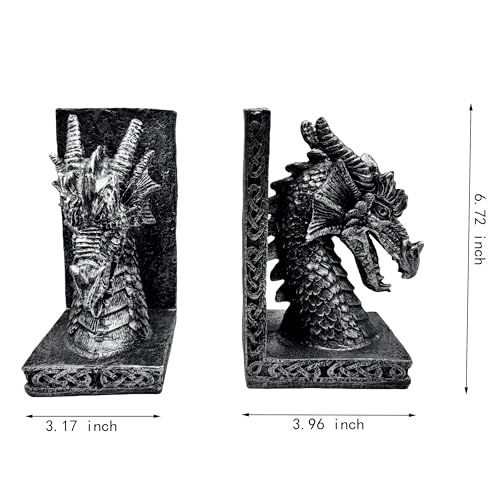 Book Ends for Shelves to Hold Books Heavy Duty,Decorative Bookend for Bookshelf Décor, Animal Dragon Book Stopper Dragon Statues for Home, Office Desk, Living Room Decoration,Vintage Silver,1pair - style: Dragon