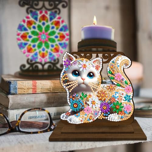BAYUNOE DIY Candlestick Holders Wooden Desktop Diamond Art Painting Candle Holder Double-Sided Diamond Vintage Modern Decorative for Table Mantel Wedding Dinning Party-Cat - color: Cat