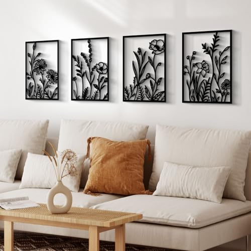 Glamativity 4 Pcs Black Abstract Flowers Metal Wall Art, Minimalist Floral Single Line Wall Décor, 3D Textured Sculptures, Rustic Nature Wall Art Décor for Living Room, Bedroom, Study (L Size 22.5x15.7'') - color: Black Abstract Flowers, size: L Size 22.5