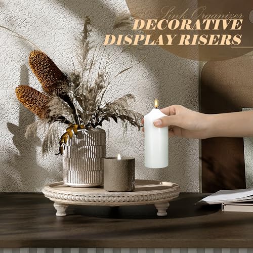 EOSAHR Rustic Round Pine Wooden Display Riser – Farmhouse Beaded Wooden Trays For Decor, Plant Stand & Coffee Table – Display Risers for Room Decor & Kitchen Organizer (Light-Natural) - color: Light-Natural