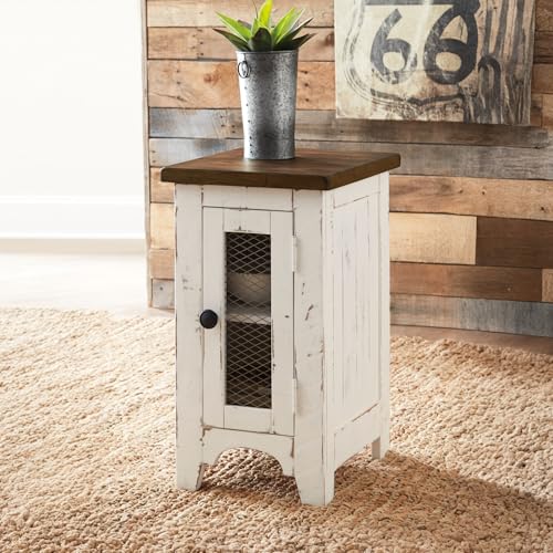 Signature Design by Ashley Wystfield Farmhouse Chair Side End Table with Cabinet Door for Storage, White & Brown with Distressed Finish - color: Dark Brown & White