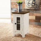 Signature Design by Ashley Wystfield Farmhouse Chair Side End Table with Cabinet Door for Storage, White & Brown with Distressed Finish - color: Dark Brown & White