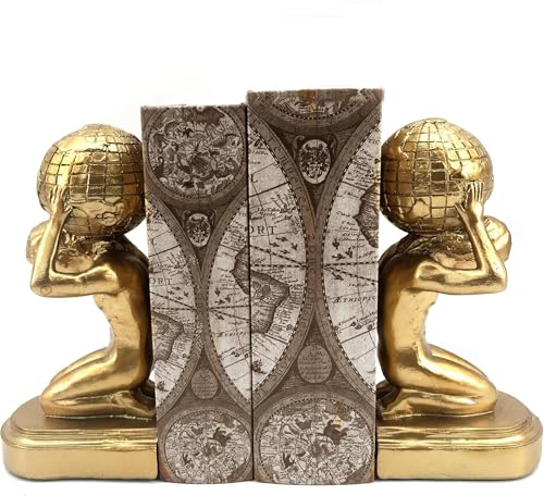 Bellaa 22968 Decorative Bookends Atlas Globe Greek Statues European Art Book Ends Stopper 7 inch Golden